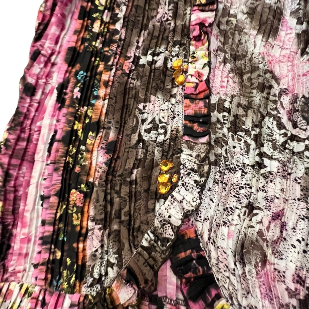 Alberto Makali Vintage Floral Abstract Short Sleeve Top Crinkle Ruffle Designer - Picture 4 of 15